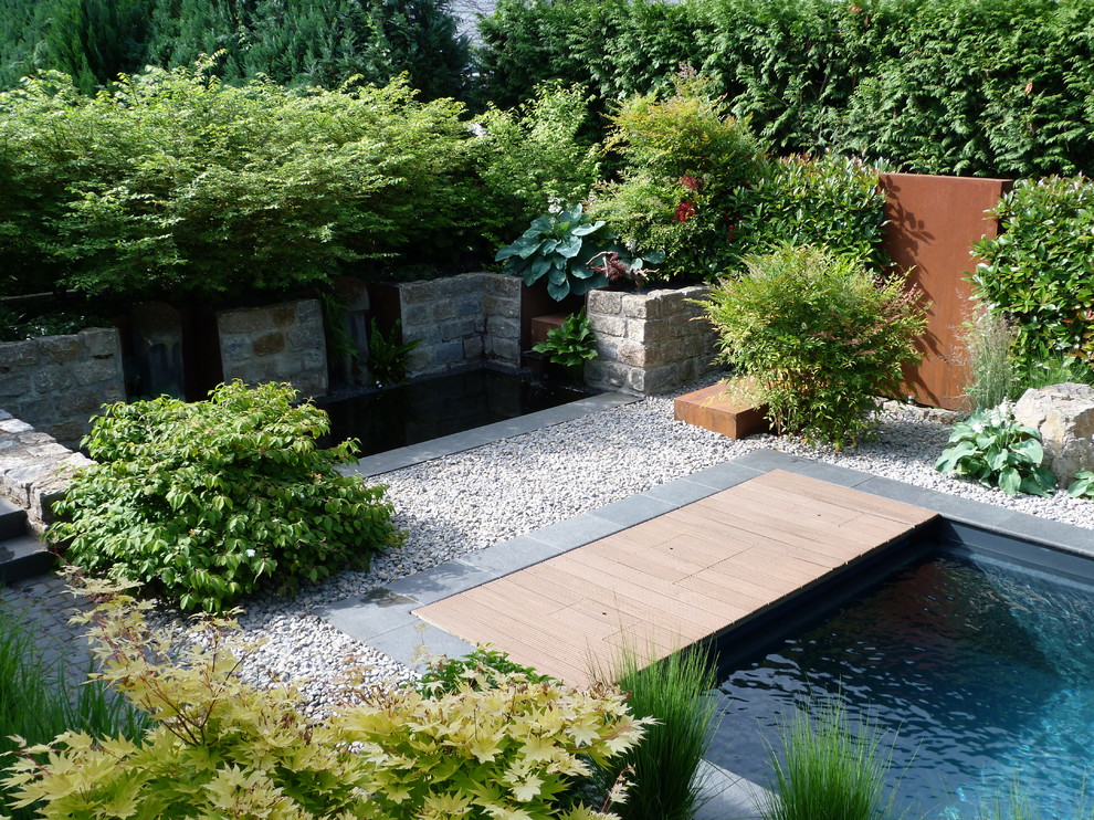 Foto de piscina natural contemporánea de tamaño medio rectangular en patio trasero con adoquines de piedra natural