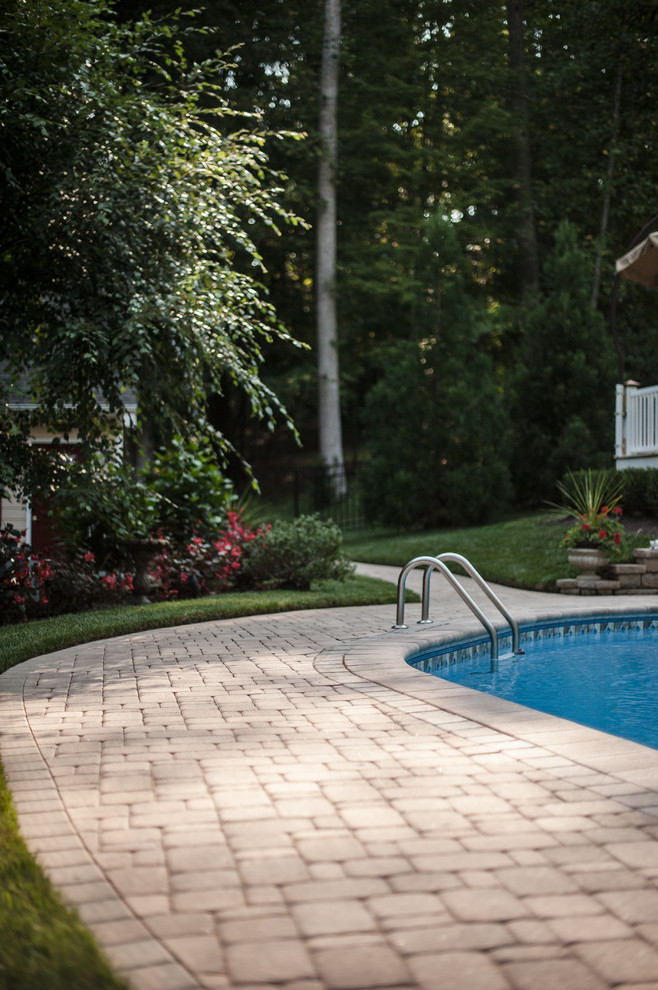 На фото: большой бассейн в форме фасоли на заднем дворе в классическом стиле с мощением тротуарной плиткой с