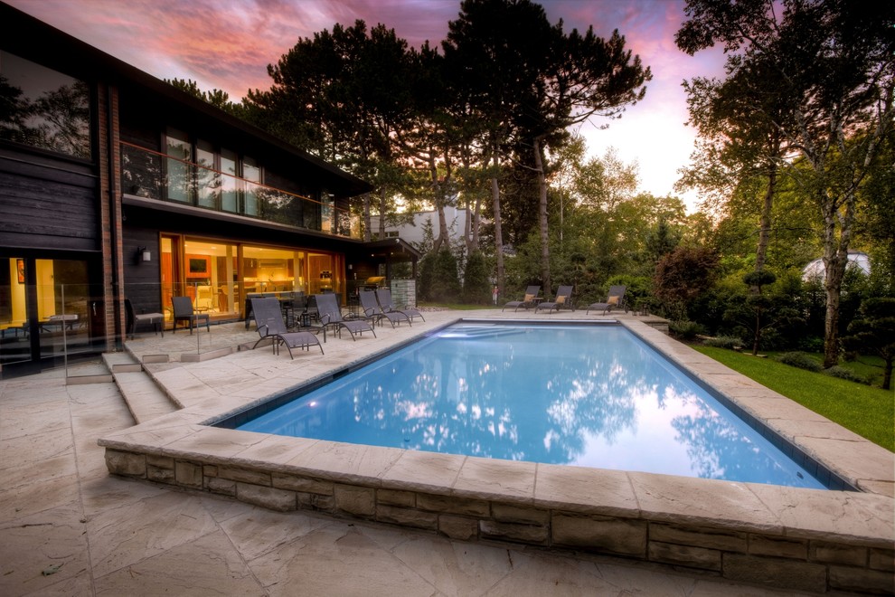 Mid-sized trendy backyard stone and rectangular lap pool photo in Toronto