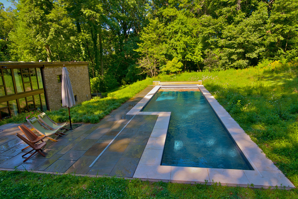 Modelo de piscina alargada contemporánea de tamaño medio rectangular en patio trasero con adoquines de piedra natural