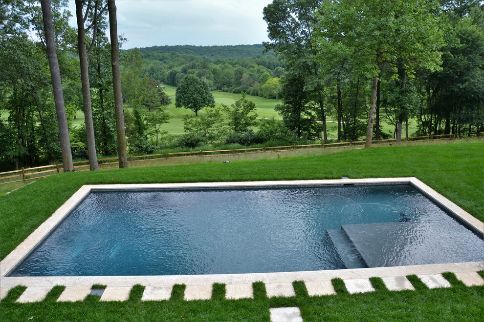 Стильный дизайн: большой естественный, прямоугольный бассейн на заднем дворе в современном стиле с покрытием из каменной брусчатки - последний тренд