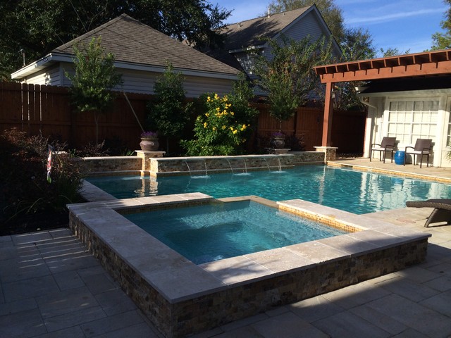 Geometric Travertine Pool With Pavers Traditional Pool Houston By Great Escapes Custom