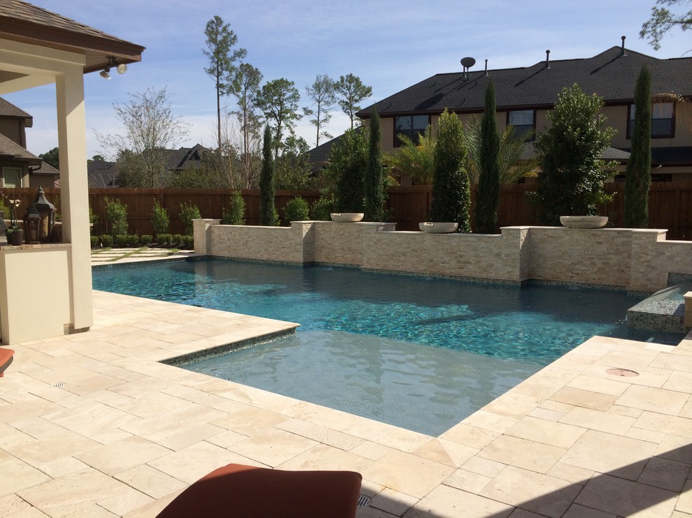 Geometric Travertine Pool With Water Bowls Modern Pool Houston By Great Escapes Custom