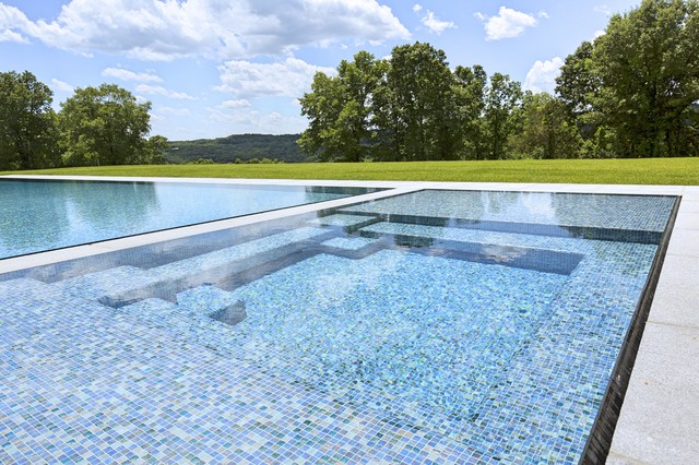 glass tile swimming pool + spa with perimeter overflow + granite ...