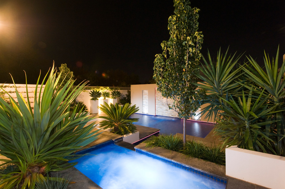 Esempio di una piccola piscina design personalizzata dietro casa con fontane e pavimentazioni in pietra naturale
