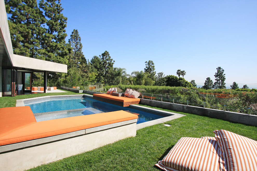 Источник вдохновения для домашнего уюта: бассейн произвольной формы в стиле модернизм с покрытием из бетонных плит