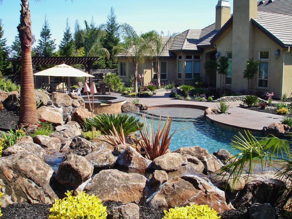 Inspiration for a mid-sized contemporary backyard stamped concrete and custom-shaped natural pool fountain remodel in Sacramento