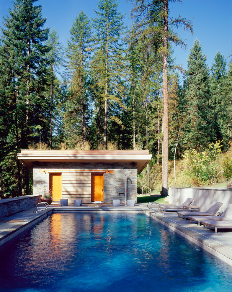 Immagine di una piscina monocorsia contemporanea rettangolare di medie dimensioni e dietro casa con una dépendance a bordo piscina e pavimentazioni in pietra naturale