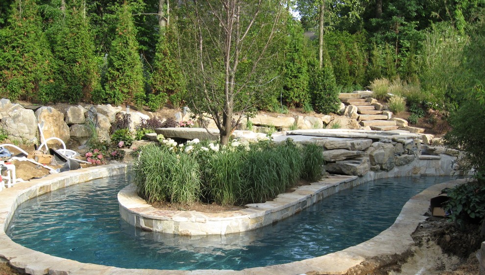 Стильный дизайн: огромный естественный бассейн произвольной формы на заднем дворе в стиле неоклассика (современная классика) с фонтаном и покрытием из каменной брусчатки - последний тренд