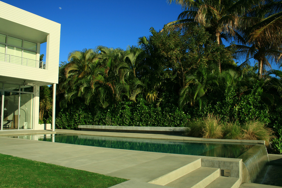 Mid-sized minimalist backyard concrete and rectangular infinity hot tub photo in Miami