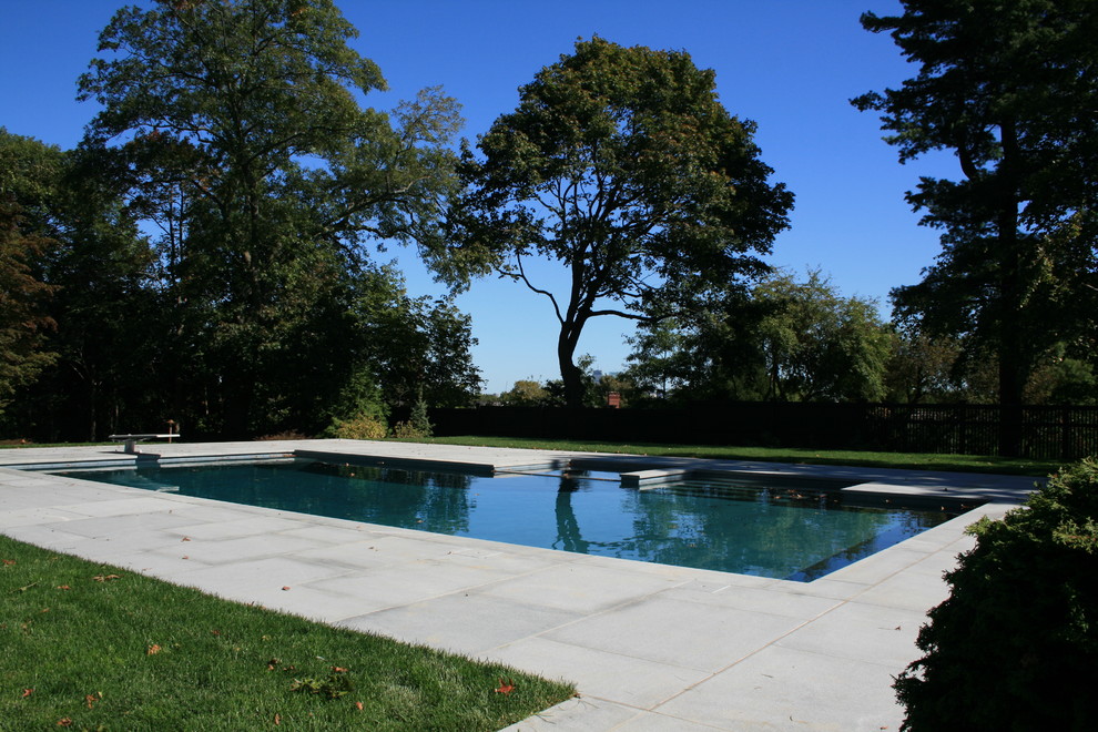Imagen de piscina alargada clásica grande rectangular en patio trasero con suelo de hormigón estampado
