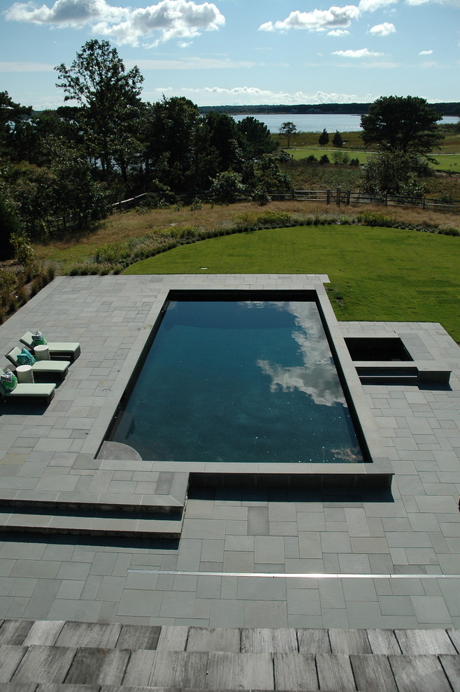 Свежая идея для дизайна: большой прямоугольный, спортивный бассейн на заднем дворе в современном стиле с джакузи и покрытием из плитки - отличное фото интерьера