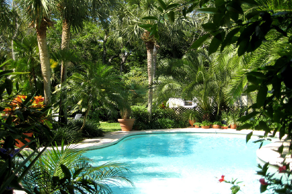 Esempio di una piscina tropicale a "C" di medie dimensioni e dietro casa con lastre di cemento