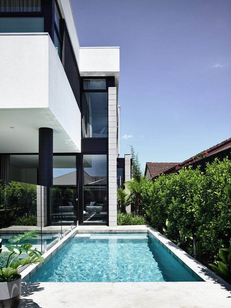Design ideas for a small contemporary back rectangular lengths swimming pool in Other with concrete slabs.