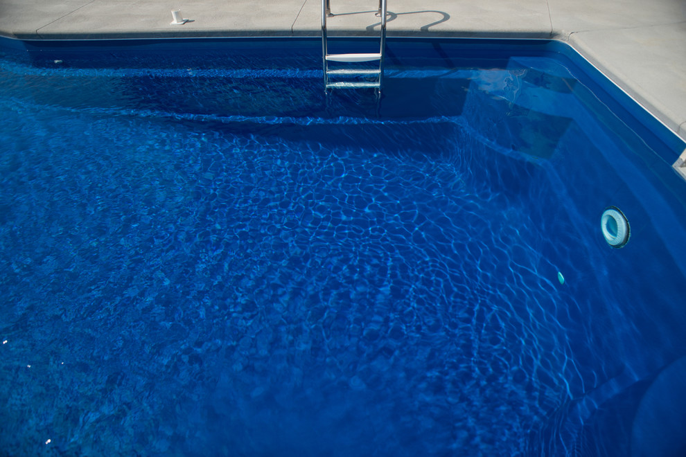 Immagine di una piccola piscina moderna a "L" dietro casa con lastre di cemento