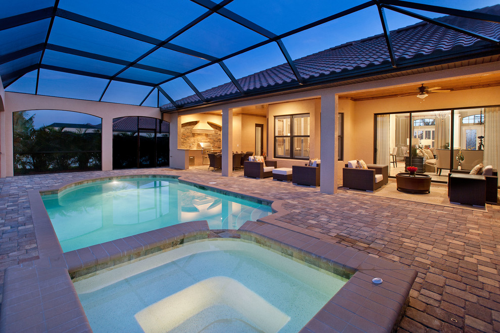 Huge elegant indoor concrete paver and rectangular pool fountain photo in Other