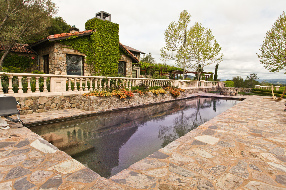 Foto de piscina alargada mediterránea grande rectangular en patio trasero con adoquines de piedra natural