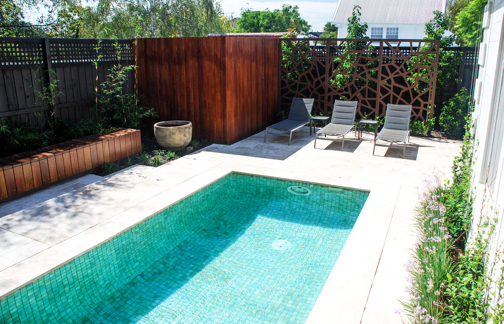 Cette image montre un piscine avec aménagement paysager arrière design de taille moyenne et rectangle avec des pavés en pierre naturelle.
