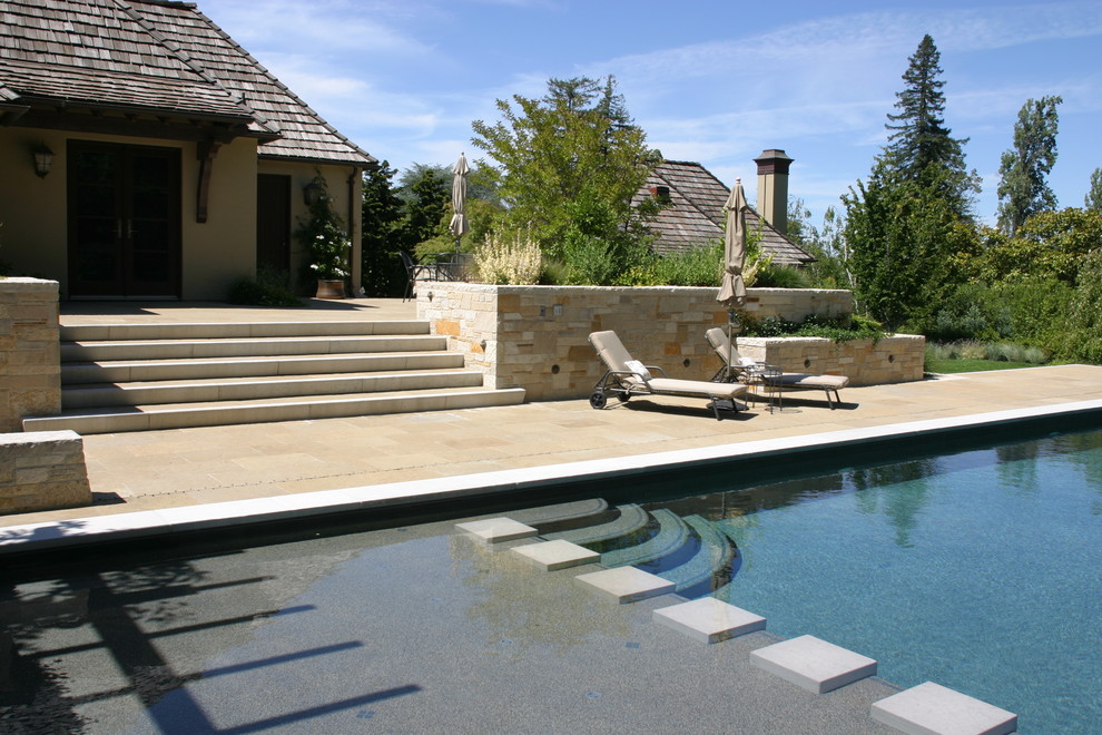 Example of a mid-sized classic backyard stone and rectangular lap pool design in San Francisco