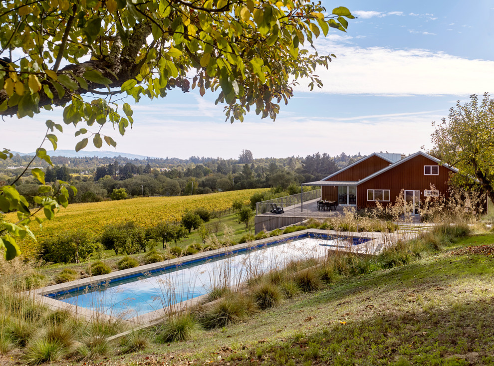 Diseño de piscina alargada de estilo de casa de campo rectangular en patio lateral con losas de hormigón