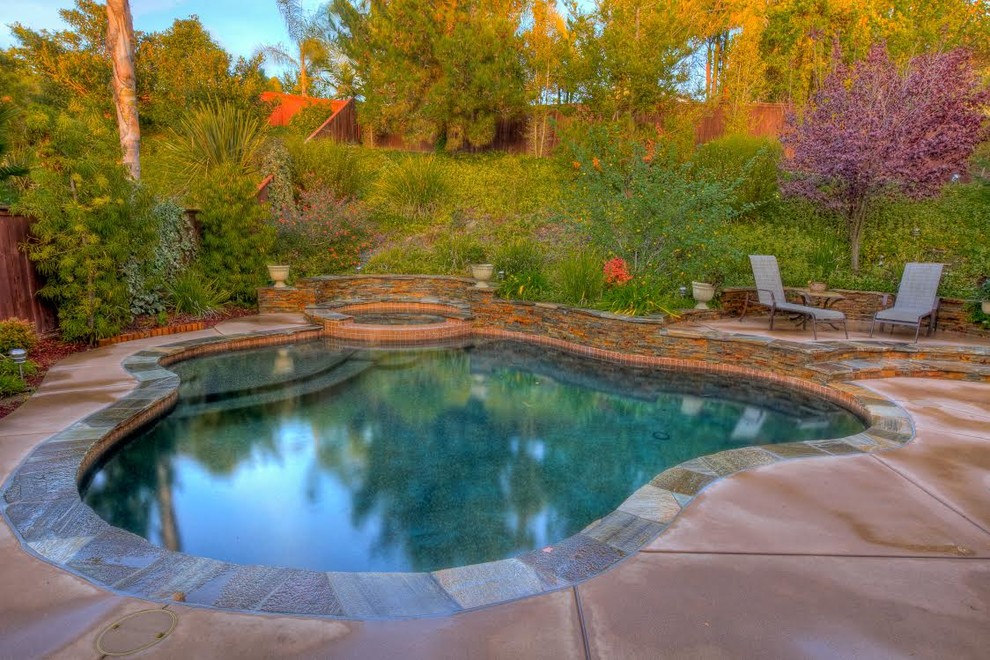 Источник вдохновения для домашнего уюта: бассейн среднего размера, произвольной формы на заднем дворе в классическом стиле с джакузи и покрытием из бетонных плит