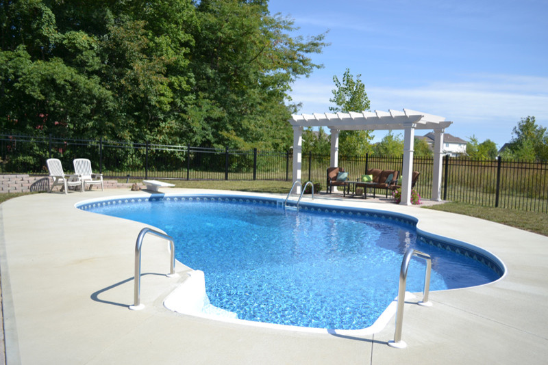 Diseño de piscina alargada tradicional de tamaño medio tipo riñón en patio trasero con losas de hormigón
