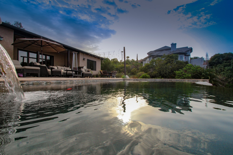 Immagine di una piscina a sfioro infinito mediterranea personalizzata di medie dimensioni e dietro casa con paesaggistica bordo piscina e pavimentazioni in cemento