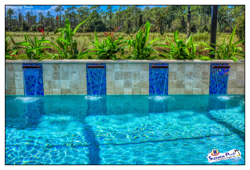 Inspiration for a mid-sized contemporary backyard stone and rectangular pool landscaping remodel in Tampa