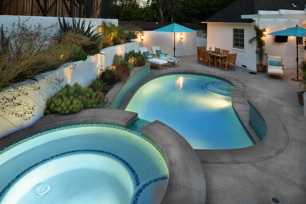 Modelo de piscinas y jacuzzis naturales tradicionales renovados de tamaño medio tipo riñón en patio trasero con losas de hormigón