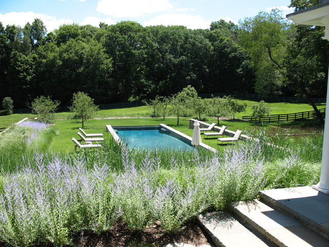 Geräumiger Klassischer Infinity-Pool neben dem Haus in rechteckiger Form mit Wasserspiel und Natursteinplatten in Sonstige