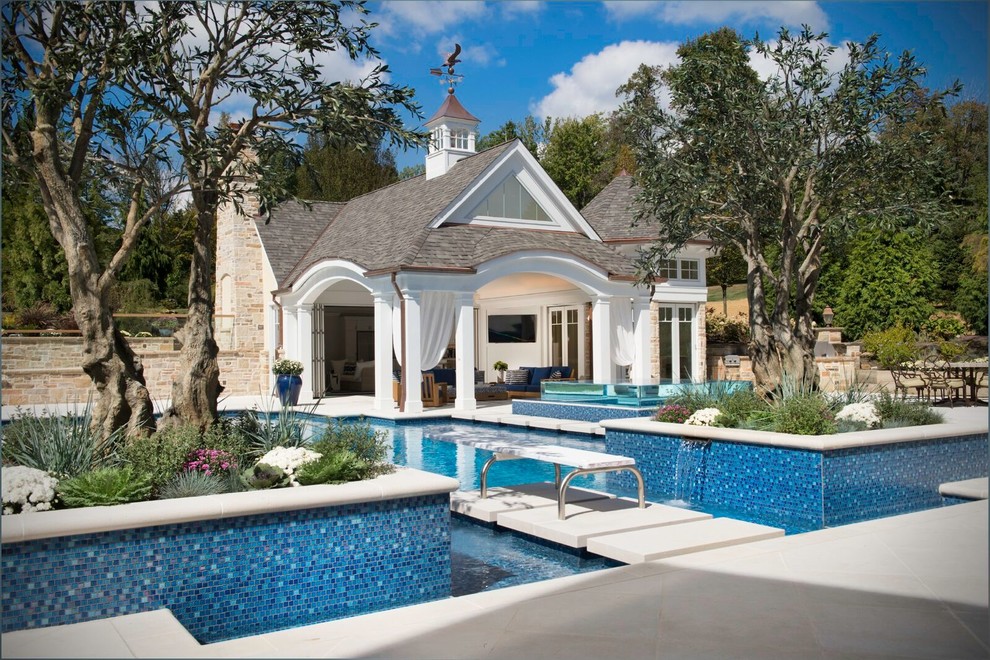 Inspiration for a huge timeless backyard rectangular and stamped concrete lap pool house remodel in Cleveland