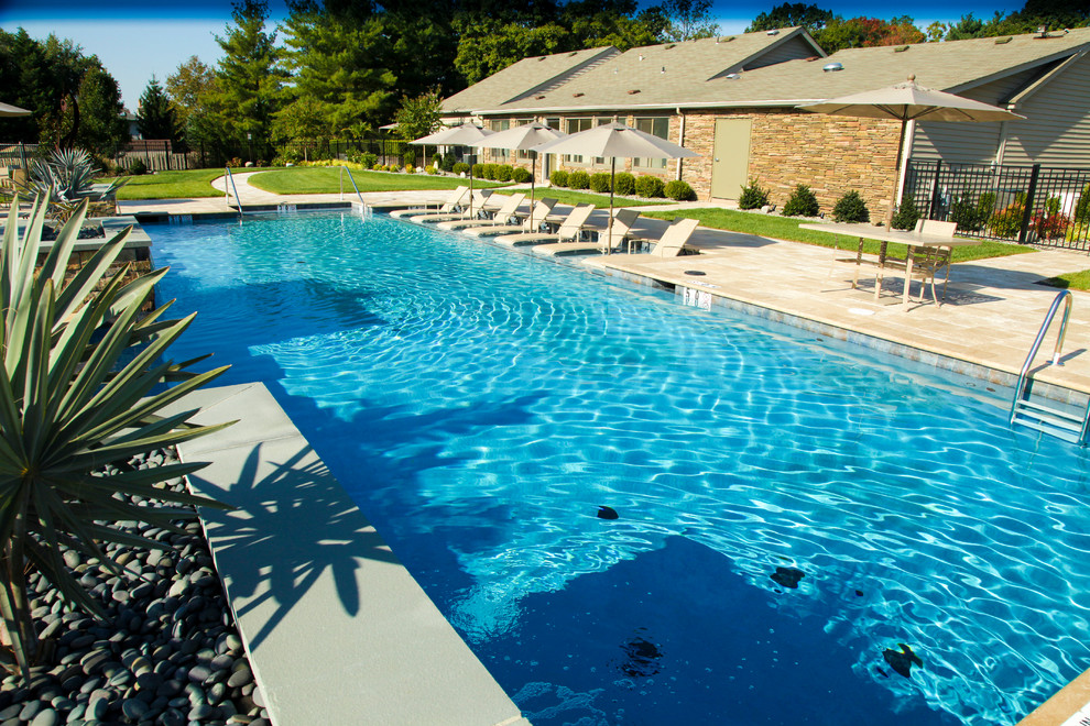 Diseño de piscina con fuente alargada clásica de tamaño medio rectangular en patio trasero con adoquines de hormigón