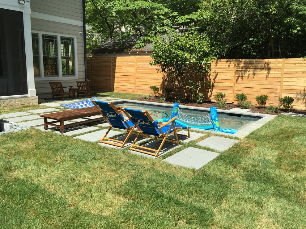 Ejemplo de piscina natural contemporánea pequeña rectangular en patio trasero con losas de hormigón