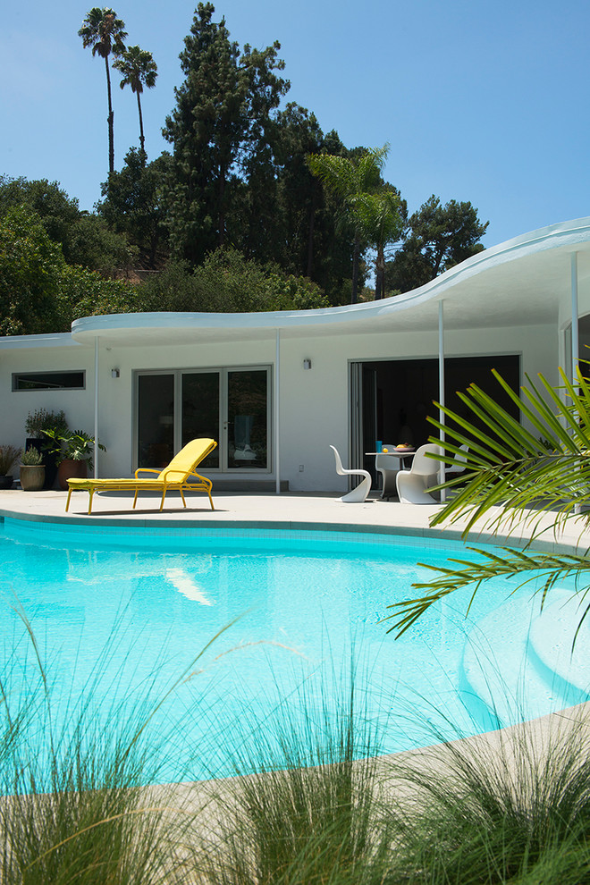 Imagen de piscina minimalista grande tipo riñón en patio trasero con losas de hormigón