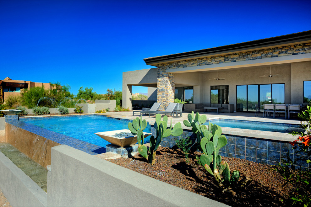 Imagen de piscinas y jacuzzis infinitos contemporáneos de tamaño medio rectangulares en patio trasero