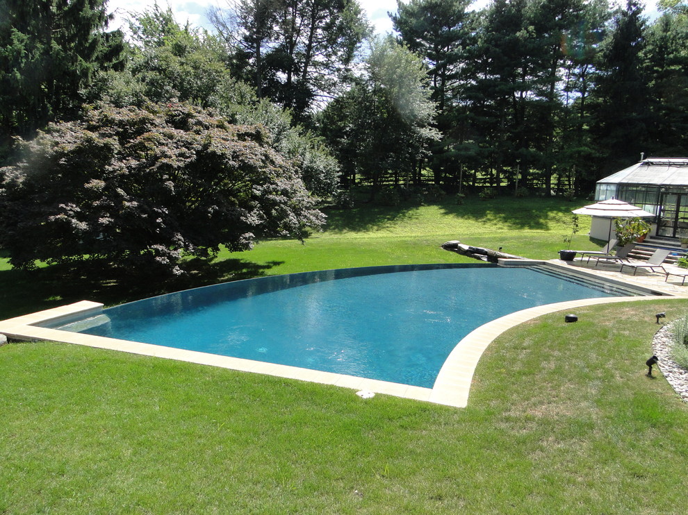 Идея дизайна: большой бассейн-инфинити произвольной формы на заднем дворе в современном стиле с покрытием из каменной брусчатки