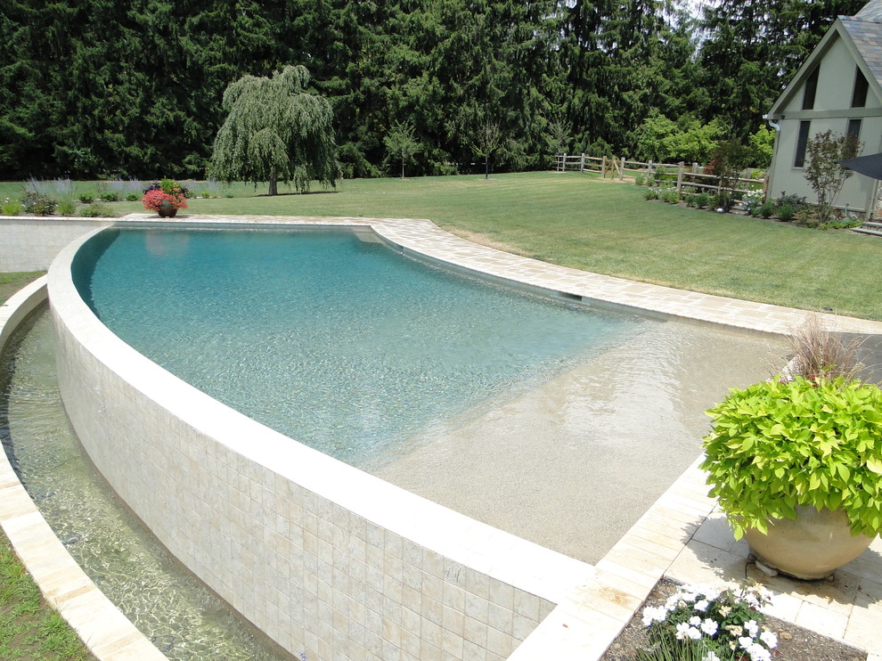 Large traditional back custom shaped infinity swimming pool in Philadelphia with a water feature and natural stone paving.