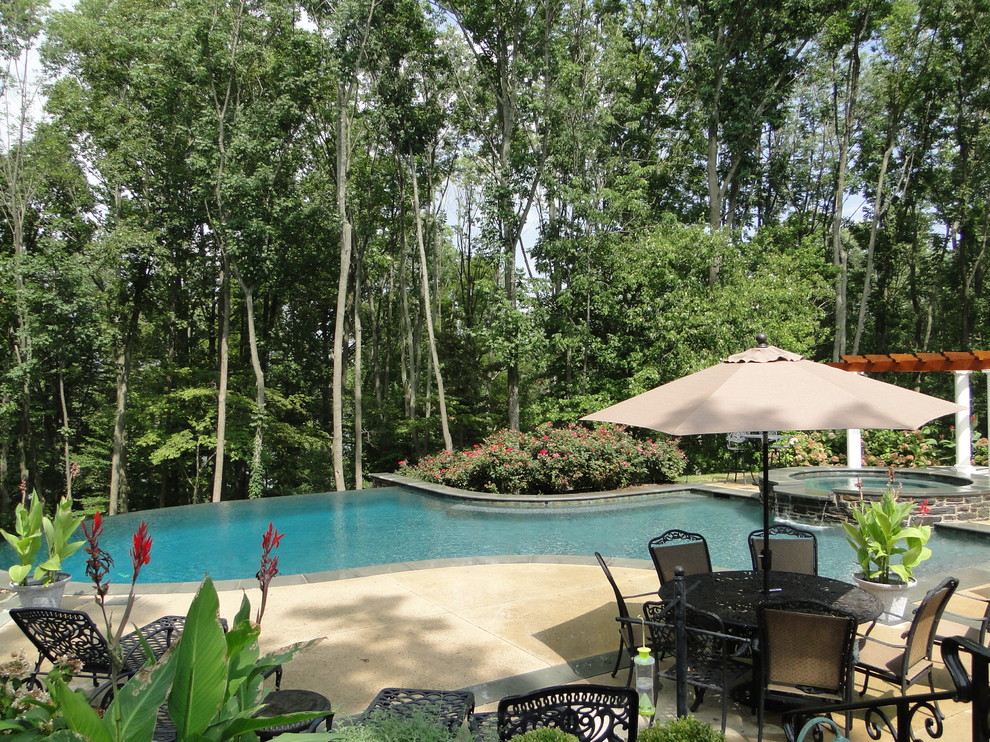 Immagine di una grande piscina a sfioro infinito contemporanea personalizzata dietro casa con fontane e lastre di cemento