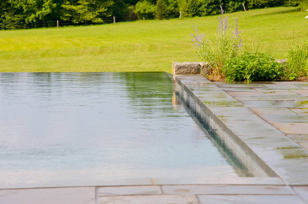 Immagine di una grande piscina a sfioro infinito tradizionale rettangolare dietro casa con fontane e pavimentazioni in pietra naturale