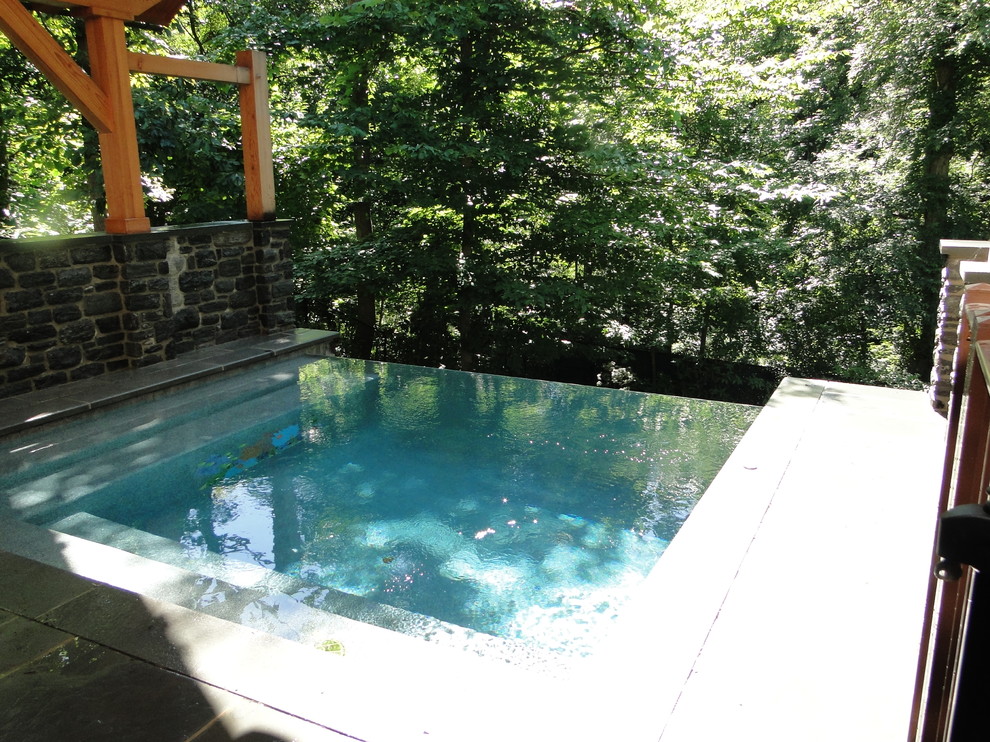 Exemple d'une petite piscine à débordement et arrière chic rectangle avec un bain bouillonnant et des pavés en pierre naturelle.