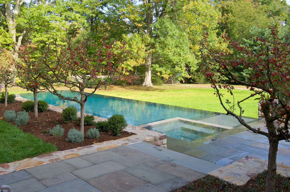 Idee per una grande piscina a sfioro infinito classica rettangolare dietro casa con fontane e pavimentazioni in pietra naturale