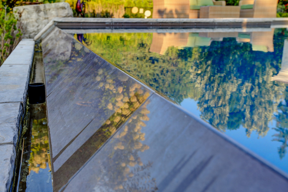 Свежая идея для дизайна: прямоугольный бассейн-инфинити среднего размера на заднем дворе в стиле неоклассика (современная классика) с мощением тротуарной плиткой - отличное фото интерьера