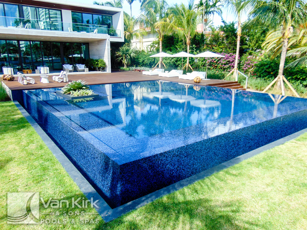 Esempio di un'ampia piscina a sfioro infinito rettangolare dietro casa con pedane