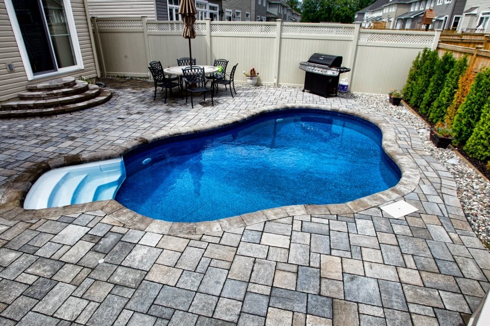 Medium sized modern back custom shaped swimming pool in Ottawa with concrete paving.