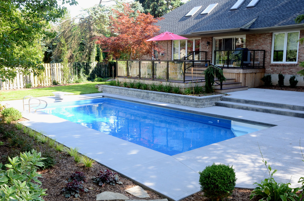 Diseño de piscina natural clásica grande rectangular en patio trasero con losas de hormigón