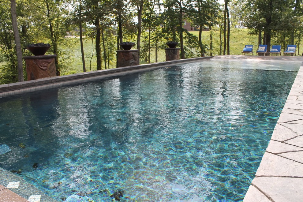 Ejemplo de piscina con fuente natural de estilo americano grande rectangular en patio trasero con adoquines de hormigón
