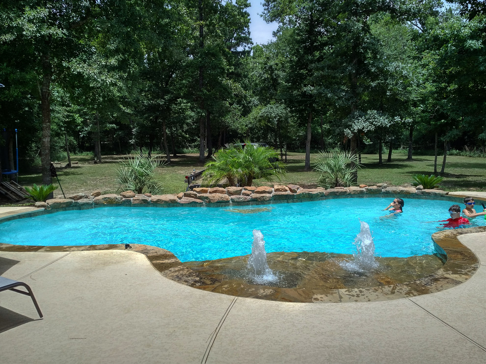 Cette photo montre une piscine naturelle et arrière exotique de taille moyenne et sur mesure avec un point d'eau et une terrasse en bois.