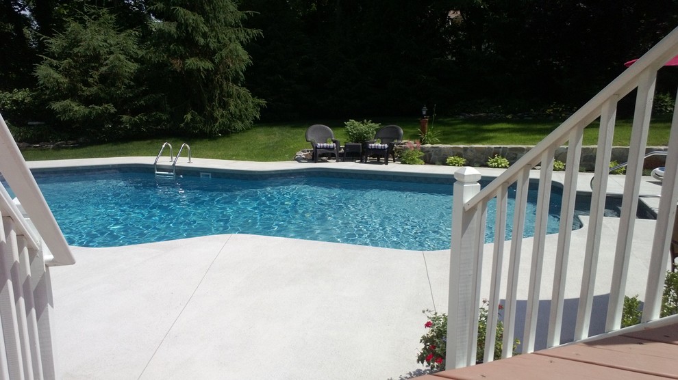 Example of a mid-sized trendy backyard concrete and custom-shaped natural pool design in New York