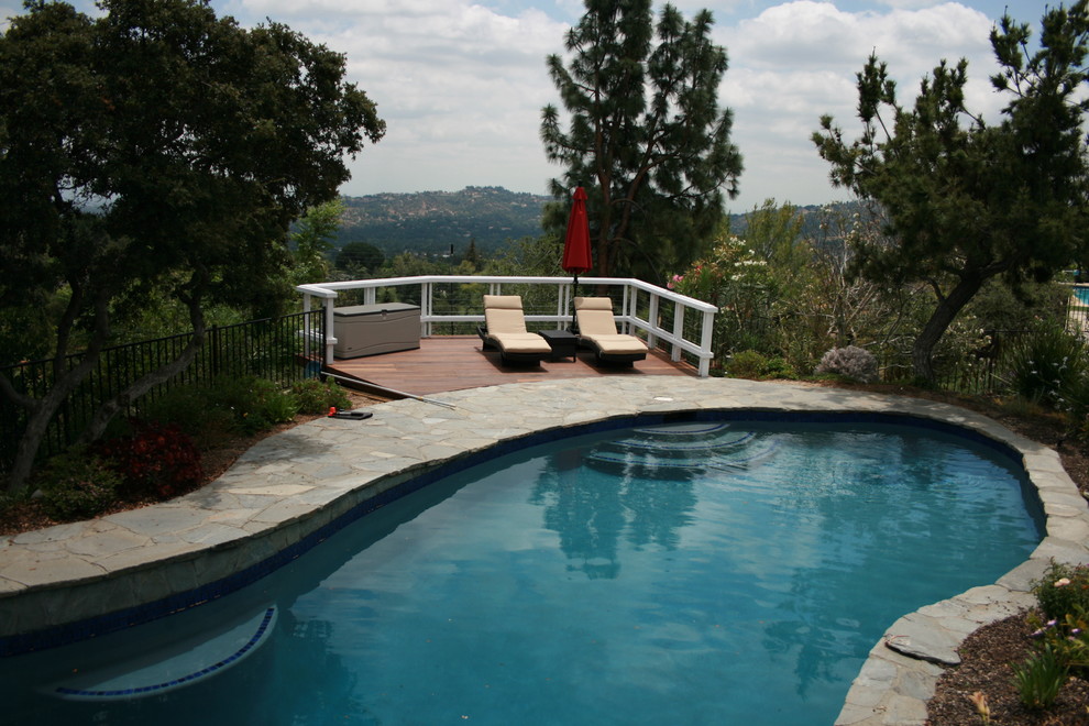 Imagen de piscina alargada retro grande a medida en patio trasero con adoquines de piedra natural
