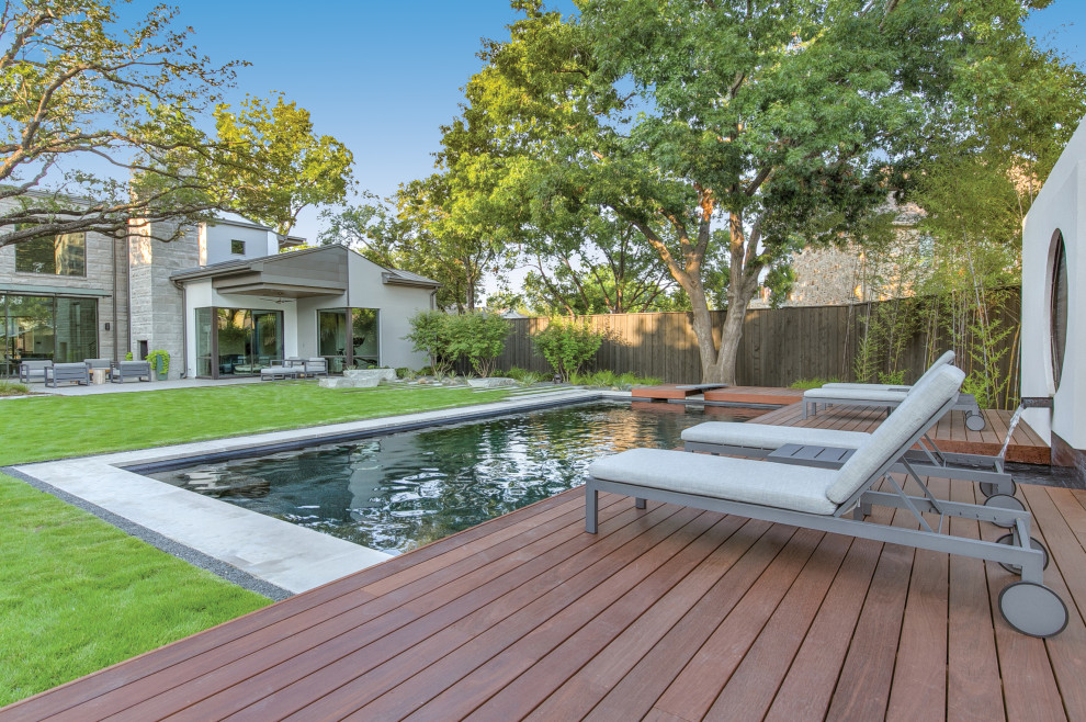 Minimalist backyard rectangular natural pool fountain photo in Dallas with decking